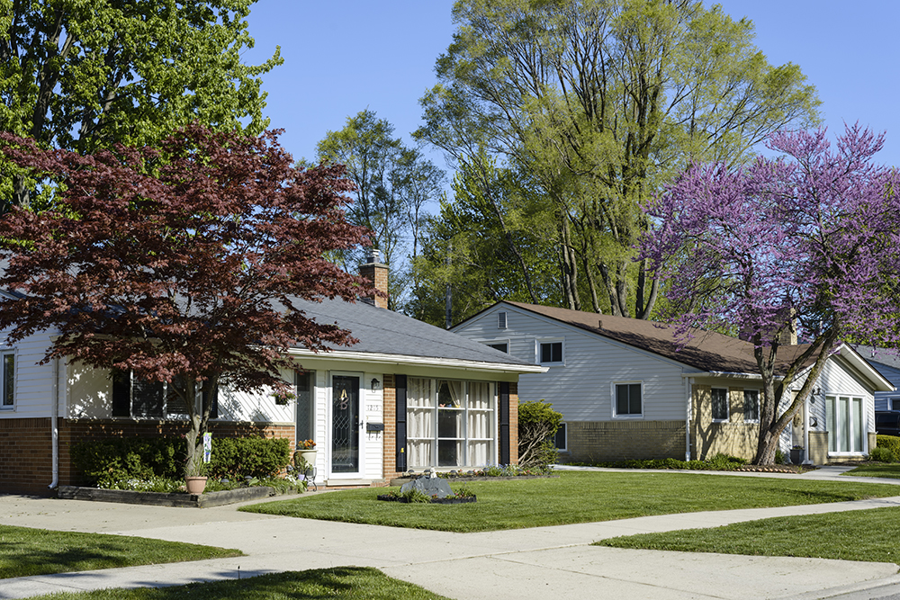 Rochester, Michigan, USA - May 18, 2016: A typical middle class neigborhood in Rochester, Michigan on a sunny day in late spring.